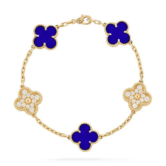 Royal Blue Diamante Cleef Charm Bracelet | Gold